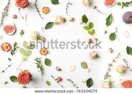 pink flowers, petals and figs isolated on white