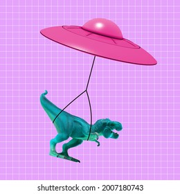 Pink flying saucer delivering toy dinosaur. Copy space for ad, text. Modern design. Conceptual, contemporary bright artcollage. Retro style, surrealism, fashionable. - Powered by Shutterstock