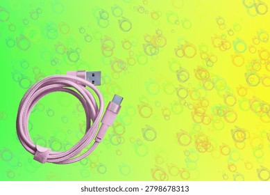 Pink folded usb plug cable for connection on green yelow