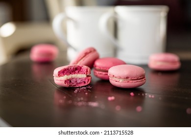 Pink French Macarons On Table, White Coffee Cups, Valentines Date, At Home Valentines Date, Valentine's Day Dessert, Fancy Dessert