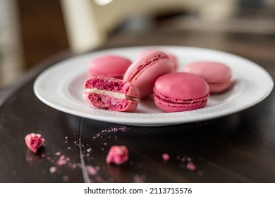 Pink French Macarons On Table, White Coffee Cups, Valentines Date, At Home Valentines Date, Valentine's Day Dessert, Fancy Dessert