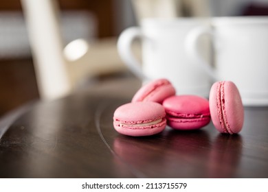 Pink French Macarons On Table, White Coffee Cups, Valentines Date, At Home Valentines Date, Valentine's Day Dessert, Fancy Dessert