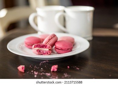 Pink French Macarons On Table, White Coffee Cups, Valentines Date, At Home Valentines Date, Valentine's Day Dessert, Fancy Dessert