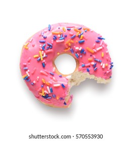 Pink frosted donut with colorful sprinkles with bite missing. Isolated on white background and include clipping path