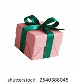 Pink Gift Box and Green Ribbon. Isolated White background cutout