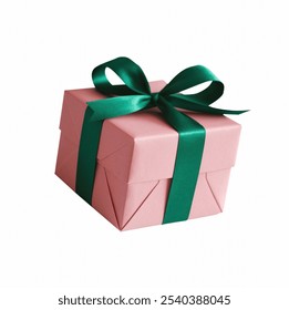 Pink Gift Box and Green Ribbon. Isolated White background cutout - Powered by Shutterstock