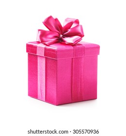 Pink Gift Box With Ribbon Bow. Holiday Present. Object Isolated On White Background. Clipping Path