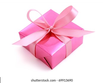 Pink Gift Wrapped Present With Rosy Satin Ribbon Bow Isolated On White