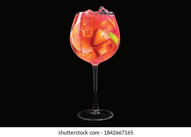 Pink Gin With Ice, Lime, And Strawberries, Isolated On Black Background.