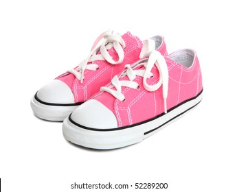 Pink Girls Sneakers (Tennis Shoes) Over A White Background