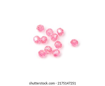 Pink Glass Beads Isolated. Beading Craft Set, Bead Pile, Beadwork Handicraft Elements On White Background Top View