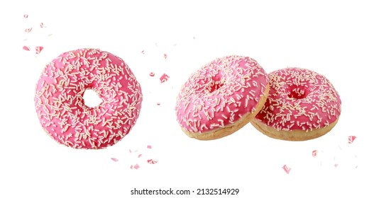 Pink Glazed Donut With White Sprinkles And Crumbs Flying. Three Sweet Doughnuts Closeup Isolated On White Background