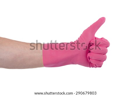 Pink glove for cleaning show thumbs up - isolated on white