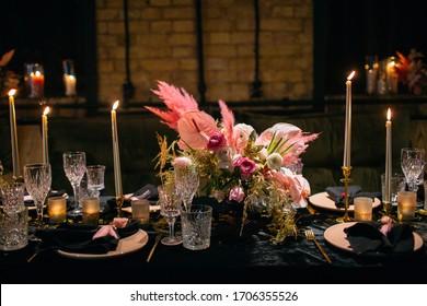 Pink, Gold, Black Wedding Decor At The Restaurant. 