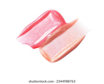 Pink gold lip gloss texture composition isolated on white background. Cosmetic product smear smudge swatch