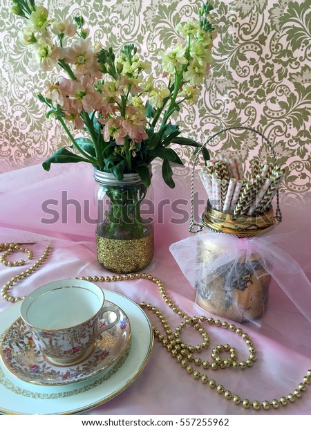 Pink Gold Party Decorations Pink Tulle Stock Photo Edit Now