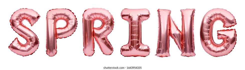 Pink Golden Word SPRING Made Of Inflatable Balloons Isolated On White Background. Rose Gold Foil Balloon Letters, Party Decorations.