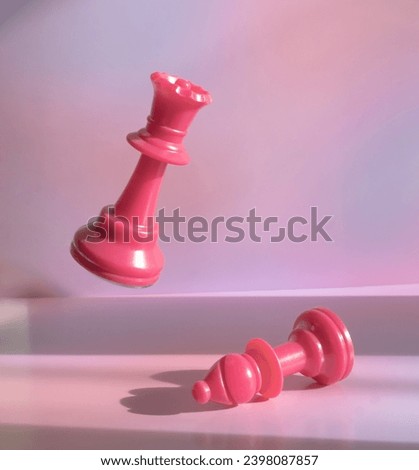 Pink Gradient Queen Chess Piece Floating Over Lying Down Bishop Chess Piece in Board Game strategy Scene on a Pink and Purple Pastel Background