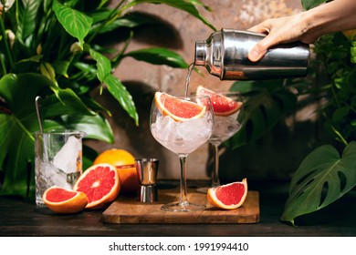 Pink grapefruit and rosemary gin cocktail  poured in prepared gin cocktail glass on a tropical beach bar