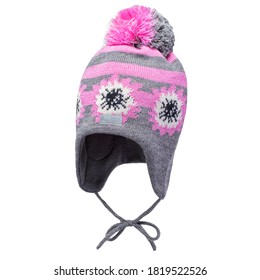 Pink Gray Baby Knit Earflap Hat with Faux Fur Pompom Isolated. Winter Warm Cap. Cute Toddler Kids Hooded Scarf Ear Flap Knitted Beanie. Tuque or Toque Outdoors Headgear with Pom Pom or Loose Tassels