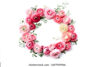 Pink And Greenery Floral Frame With Magenta, Blush, Red, Fuchsia Flowers And Green Leaves On White Background, Leaf And Petal Border Design