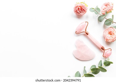 Pink Gua Sha Massage Stone And Face Roller With Rose Flowers