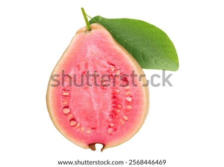 Pink Guava Fruit Half with Leaf Isolated on White Background