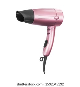 Pink Hair Dryer Isolated on White Background. Hair Care Tool. Metallic Rosy Ionic Hairdryer. Domestic Small Appliances. Household Equipment. Electric Home Appliance. Professional Hair Style Tool