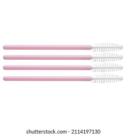 Pink handle with white tip eyelash mascara brushes makeup brush wands applicator makeup kits set of 4 wands or brushes on white background. Closeup.