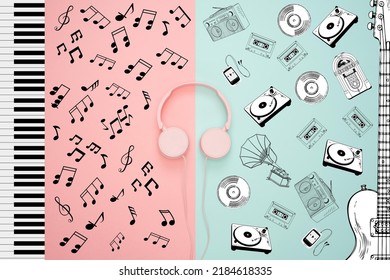 pink headphones on a pink and blue background On the left and right are guitar and piano images, with notes, various music players, around the headphones suitable for use in advertising and music .