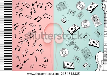 pink headphones on a pink and blue background On the left and right are guitar and piano images, with notes, various music players, around the headphones suitable for use in advertising and music .