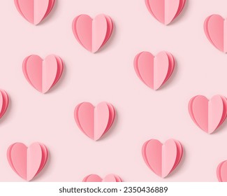 Pink hearts on pink color background, minimal trend pattern, pastel monochrome pink print as valentines day or wedding background. Hearts symbol of love, romantic holiday concept, top view, flat lay