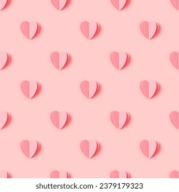 Pink hearts on pink colored background, minimal trend seamless pattern, pastel monochrome color print as valentines day or wedding background. Paper cut hearts, romantic holiday concept, top view
