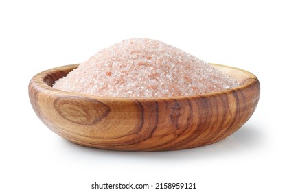 Pink Himalaya Salt In Olive Wood Bowl Isolated On White Background