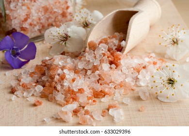 Pink Himalayan Sea Salt On A Wooden Table