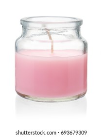 Pink Homemade Craft  Candle In Glass Jar Isolated On White