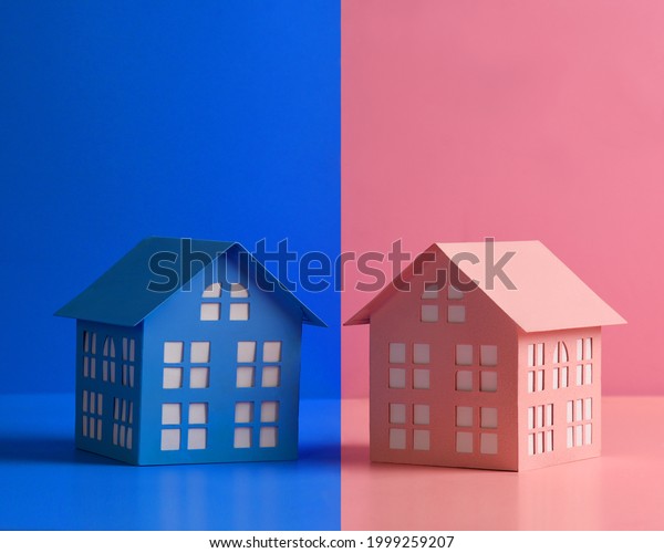 A pink house\
and blue house are standing side by side for a youth gender concept\
or gender identity symbol.
