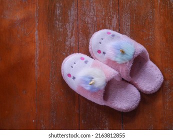 Pink House Slippers On Wooden Floor