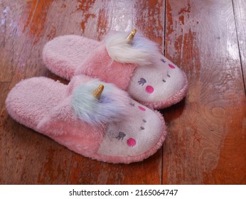 Pink House Slippers On Wooden Floor