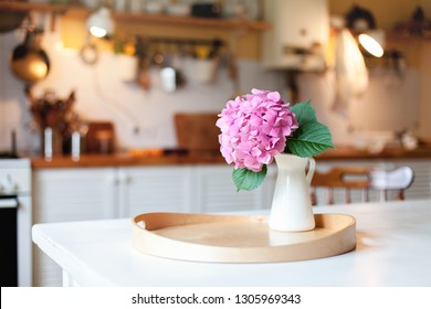 Pink Hydrangea Flower On Wooden Serving Tray. Morning Kitchen Scene. Cozy Home Atmosphere Hygge. Spring Still Life On Table For Women Day.