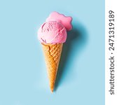 Pink ice cream melting and spilling in waffle cone on pastel blue background. Minimal trendy creative summer food concept. Melted scoop of strawberry icecream, copy space.