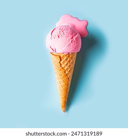 Pink ice cream melting and spilling in waffle cone on pastel blue background. Minimal trendy creative summer food concept. Melted scoop of strawberry icecream, copy space.