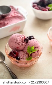 Pink Ice Cream Scoops In Glass Bowl, Close Up. Homemade Healthy Sorbet With Banana And Berry, Icecream Refresing Treat