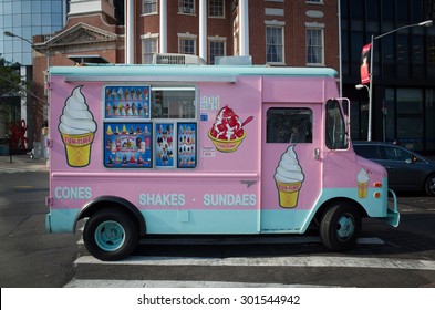 Pink ice cream truck on a street in New York City - July 29, 2015, Battery Plaza, New York City, NY, USA