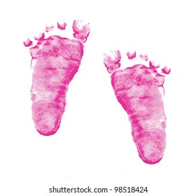 Pink Imprints Of Baby Girl Feet On White Background