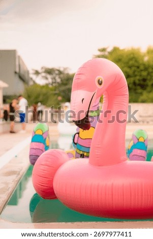 Pink inflatable flamingo float in a pool during a lively summer event, representing leisure, fun, and holiday atmosphere under warm light.