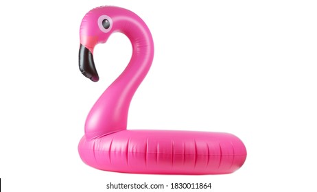 Pink inflatable flamingo for summer beach isolated on white background. Pool float party.