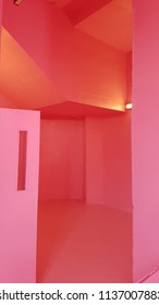 Pink interior leading to rooftop Cafe, Peckham, London UK