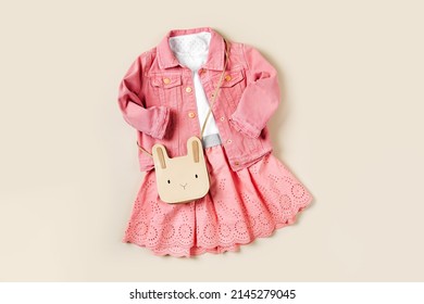 Pink Jean Jacket, White T-shirt And  Cute Skirt. Fashion Set Of Childrens Outfit. Set Of Kids Clothes And Accessories For Girl