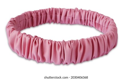 Pink Jeans Color Handmade Scrunchy Headband Made Out Of Jeans Fabric Texture. An Elastic Hairband Or Headpiece With Ruffle Pattern.
